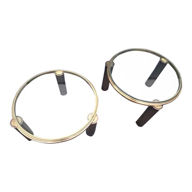 Vintage Hollywood Regency Brass Tone/ Glass Round Coffee Tables by Dia a - Pair For Sale