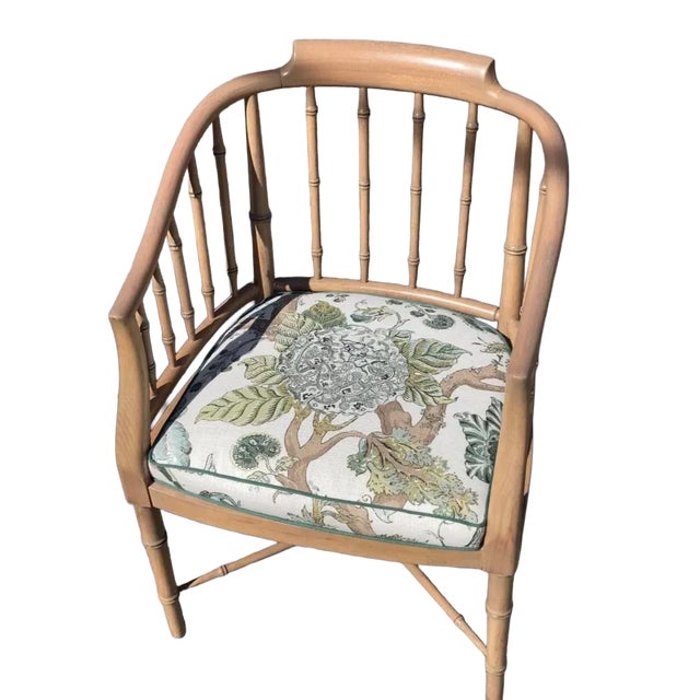 Samuel & Sons Mid 20tg Century Vintage Faux Bamboo Armchairs - Pair With Lee Jofa “Arlington” Seat Cushion For Sale - Image 4 of 9