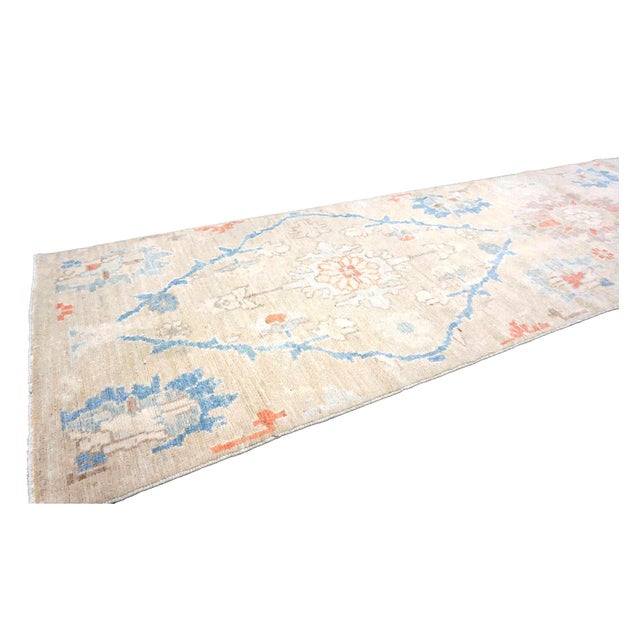 21st Century Turkish Oushak Wool 3x12 Beige & Blue Handmade Runner Rug #1144198 For Sale In Houston - Image 6 of 12