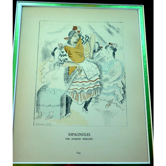 An original 1924 pochoir print titled "Espagnoles" (Spanish Women) by the celebrated French illustrator Jacques Demachy,...