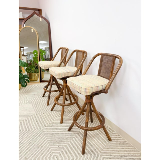 Brown 3 Vintage Coastal Bamboo Barstools Dark Rattan W/ Beige Cushions and Caned Back For Sale - Image 8 of 10