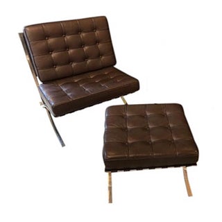 Mid Century Modern Vintage Barcelona Chair and Ottoman Set. For Sale