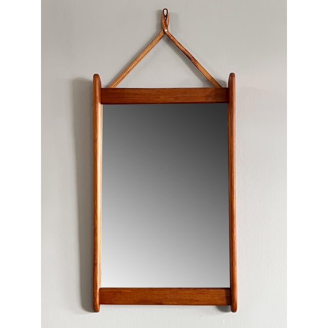 Teak Frame Wall Mirror with Leather Strap Suspension, 1960s For Sale - Image 4 of 4