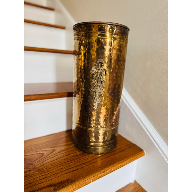 Vintage Hammered Brass Umbrella Holder- Cane Holder- Umbrella Stand For Sale - Image 4 of 5
