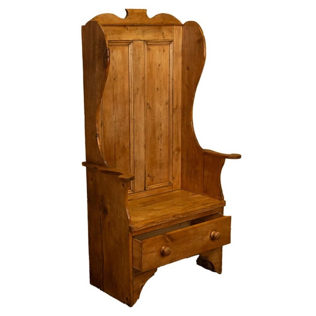 Mid 19th Century Antique 19thC English Pine Lambing Chair Hall Bench Settle With Drawer 1860 For Sale - Image 5 of 9
