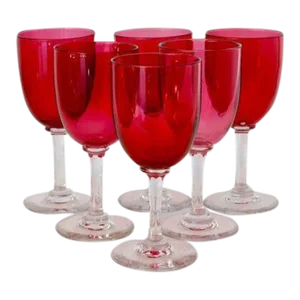 19th-Century English Victorian Hand-Blown Cranberry Wine / Cocktail Stems