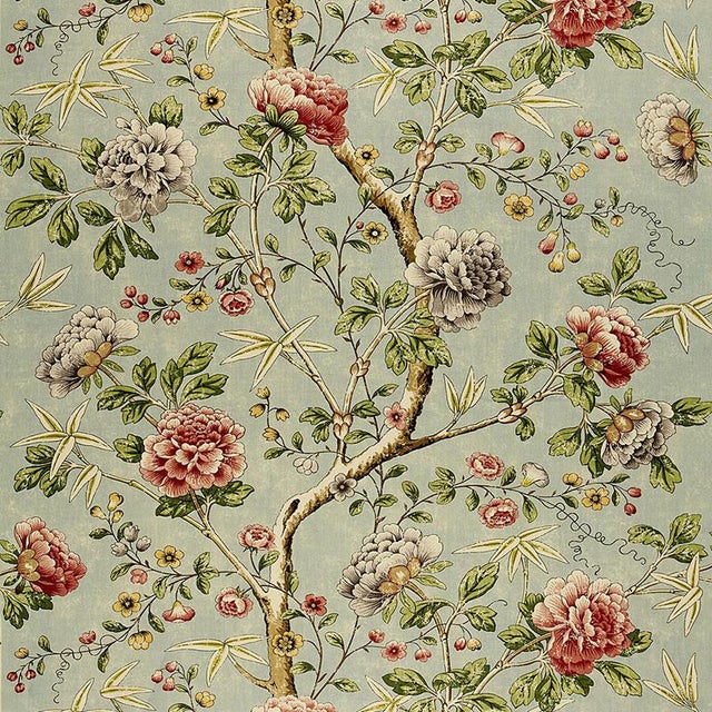 Sample- Schumacher Mandarin Peony Fabric in Aquamarine For Sale