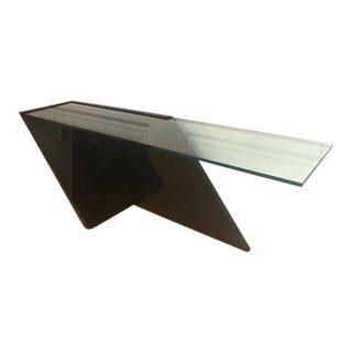 Cantilevered Black Lacquer Console Table Floating Glass Top For Sale
