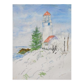 Late 20th Century Lighthouse Watercolor Painting For Sale
