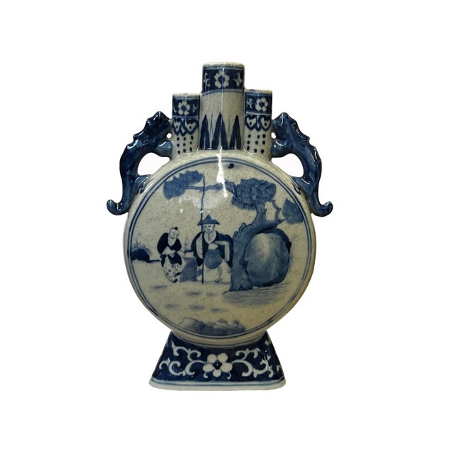 Chinese Blue White Porcelain Moon Round Flat People Theme Vase For Sale In San Francisco - Image 6 of 6