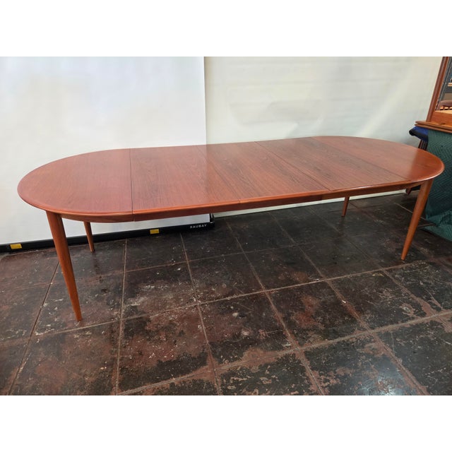 Mid- Century Danish Modern Teak Dining Table Round Opens Oval 105 Inches With 3 Leaves For Sale - Image 13 of 18