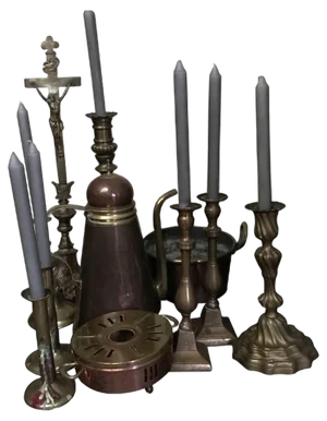 Candleholders, Cooking Pot & Warmholder Crucifix Coffeepot, 1800s, Set of 11