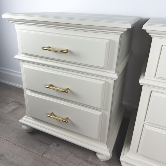 1980s Pair of Professionally Refinished Solid Pine Nightstands With Knurled Brass Hardware For Sale - Image 6 of 12