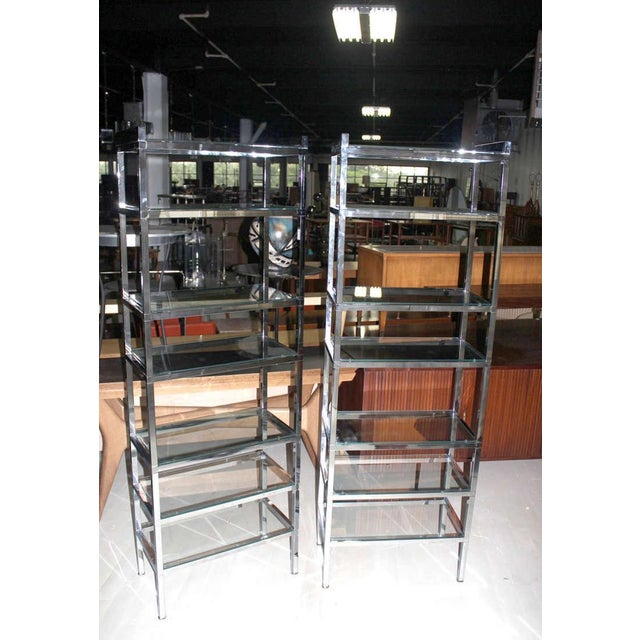 Metal Pair of Italian Mid Century Modern Tall & Narrow Chrome & Glass Etageres MINT! For Sale - Image 7 of 7