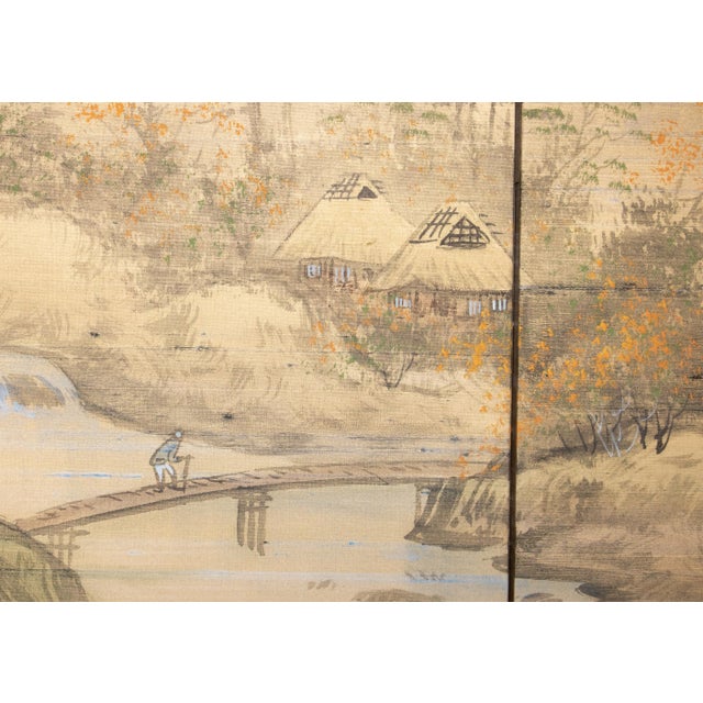 1960s Shōwa Era Japanese Byobu Screen, "Mountain Landscape With River and Bridge" For Sale - Image 9 of 18