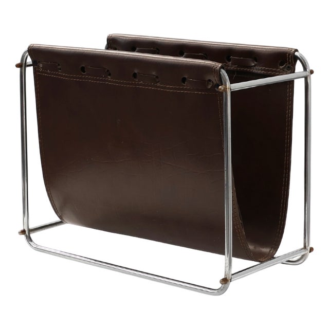Vintage Magazine Rack in Chrome and Faux Leather, France, 1960s For Sale