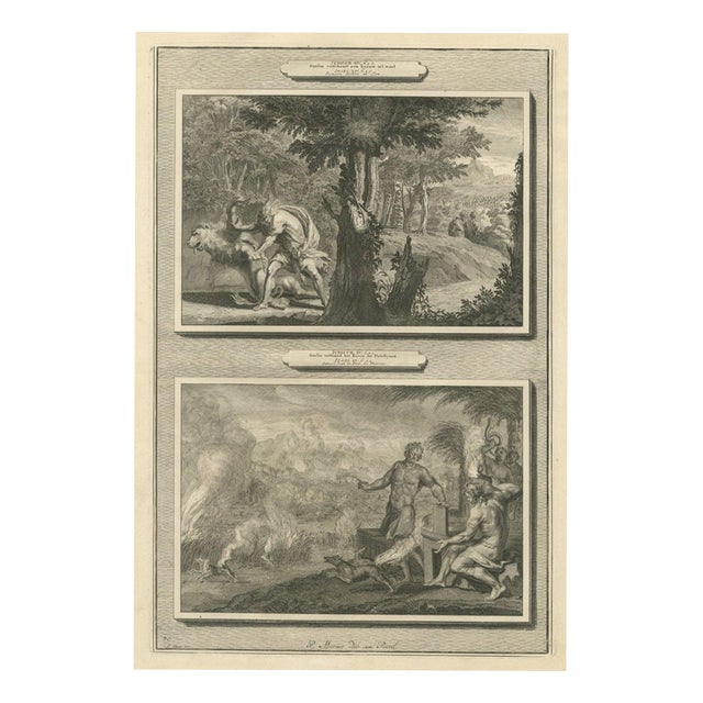 Pieter Mortier, Samson Kills the Lion and Burns the Philistines' Corn, 1700, Engraving For Sale