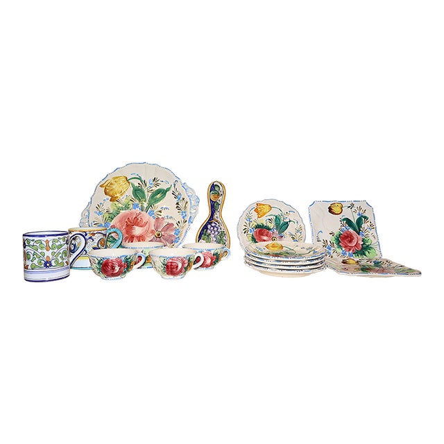 15 Piece Signed Deruta Italian Majolica Floral Collection, Hand Painted l'Antica and Fratelli Mari Maiolica Tea and Dessert Set, Mediterranean Decor For Sale