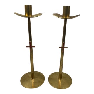 Mid Century, Solid, Brass, Modernist Candleholders, in the Style of Tommi Parzinger For Sale