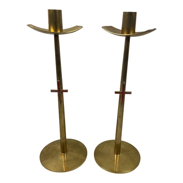 Mid Century, Solid, Brass, Modernist Candleholders, in the Style of Tommi Parzinger For Sale