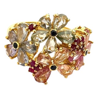 Bochic "Orient" Vintage Ruby & Multi Fancy Sapphire Ring Set 18K & Silver, Size 7 For Sale