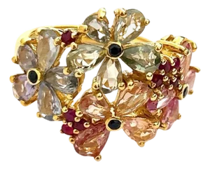 Bochic "Orient" Vintage Ruby & Multi Fancy Sapphire Ring Set 18K & Silver, Size 7