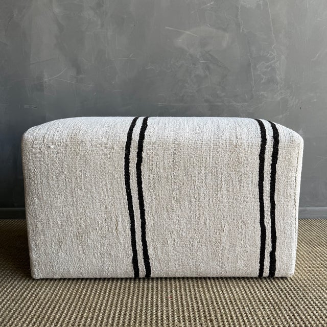 Rectangular Striped Off-white & Dark BrownOttoman Made From a Vintage Turkish Rug For Sale - Image 4 of 8
