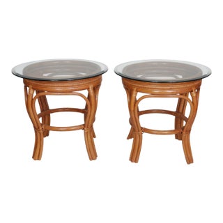 Bamboo, Rattan and Glass Side Tables, a Pair For Sale