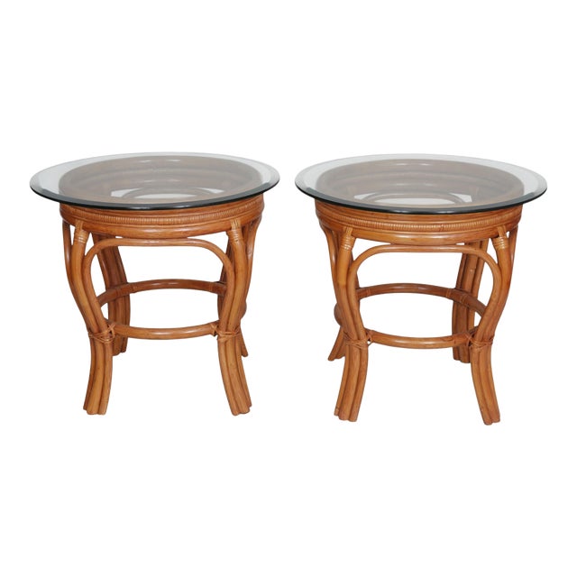 Bamboo, Rattan and Glass Side Tables, a Pair For Sale
