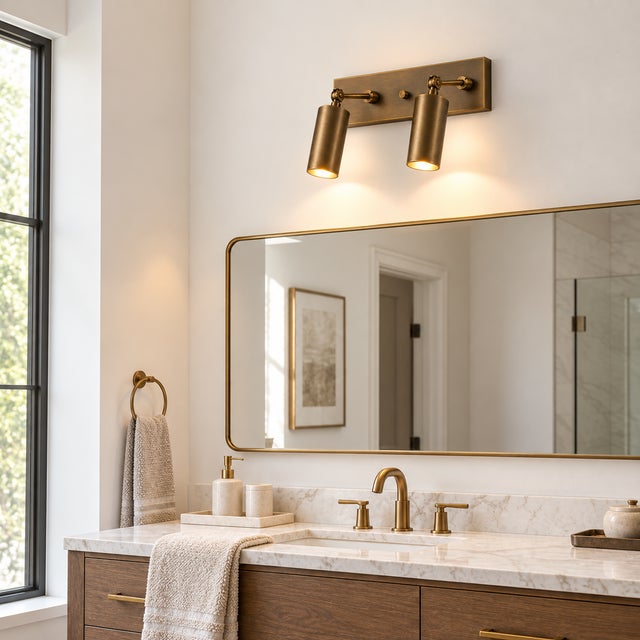 Contemporary Handcrafted Brass 2-Light Adjustable Wall Sconce With Cylinder Shades, Vanity & Bathroom Light For Sale - Image 3 of 8