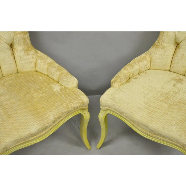 Vintage French Hollywood Regency Yellow Tufted Drape Carved Side Chairs - A Pair For Sale - Image 12 of 16