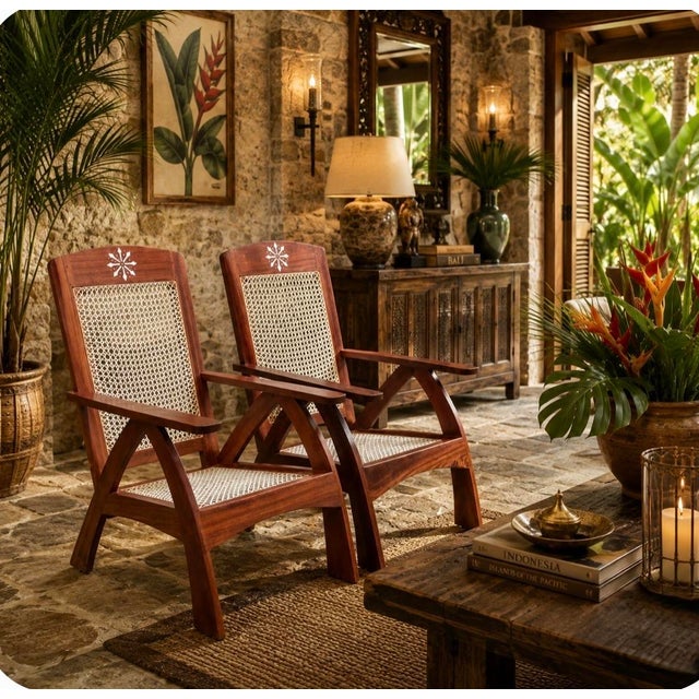 Traditional American Adirondack style meets Swedish modern / plantation influence in this highly unique duo. Teak frames...