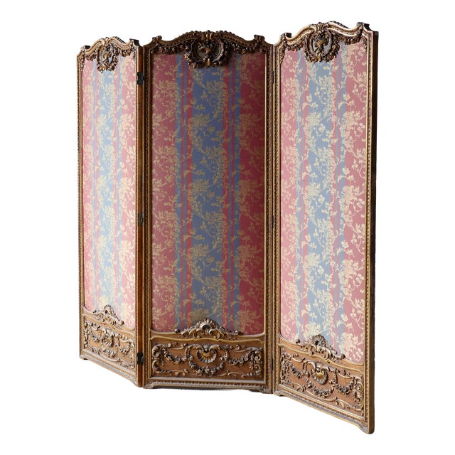 Antique French Gilded Wood Three-Panel Room Divider, 1890s For Sale