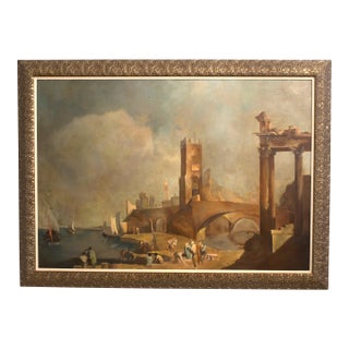 Large Framed Oil Painting on Canvas ~ European Bridge For Sale