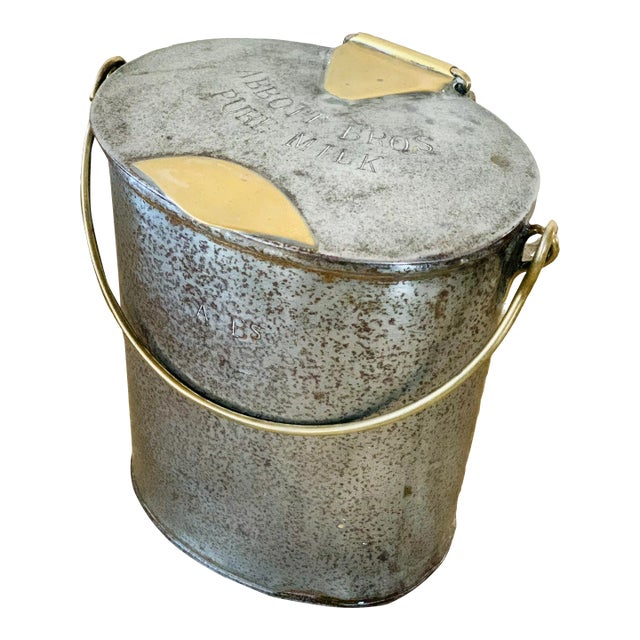 1880's Original Antique English Steel & Brass Dairy Pail, 'Abbott Bros. Pure Milk' Embossed on the Lid For Sale