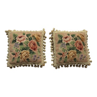 Vintage Floral Needlepoint Pillows With Exquisite Fringe- Set of 2 For Sale