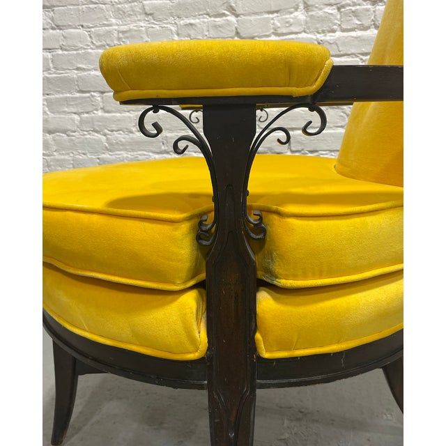Pair - Custom Hollywood Regency High-Back Throne Chairs | Canary Yellow Velvet Upholstery – Mid Century Accent Seating For Sale - Image 11 of 15