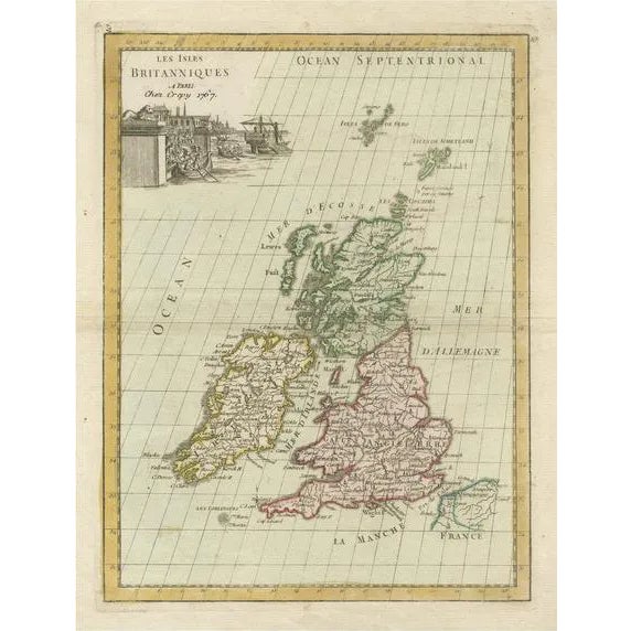 Antique Map of the British Isles with Hand Coloring For Sale