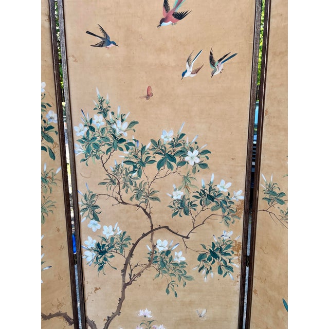 19th Century Chinese Hand Painted Silk 6-Panel Wallpaper Floor Screen Mounted as a Pair For Sale - Image 11 of 12