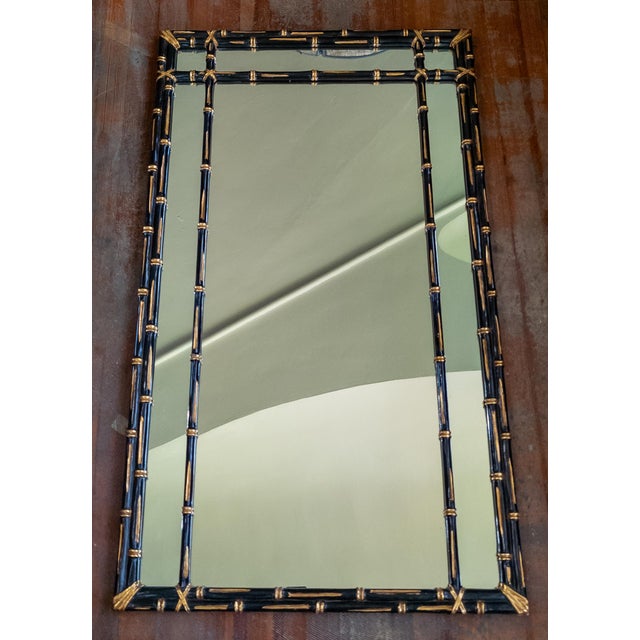 Chinoiserie Mid-Century Faux Bamboo Chinoiserie Black and Gold Carved Wood Mirror For Sale - Image 3 of 16