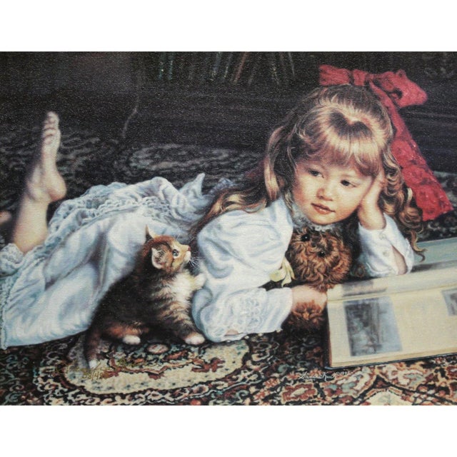 This framed limited-edition giclée on canvas depicts a traditional figurative scene featuring a child reclining on an...
