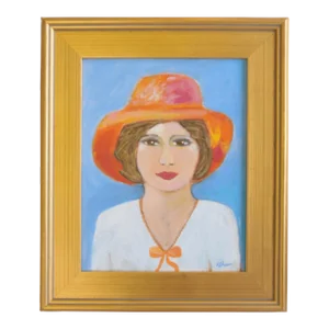 Contemporary Lovely Lady in Orange Hat Portrait Painting Including the Antiqued Gold Wood Frame