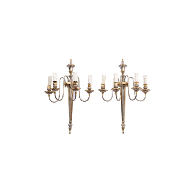 Directoire Style Gilt & Silver Brass Wall Sconces, 1970s, Set of 2 For Sale - Image 9 of 12