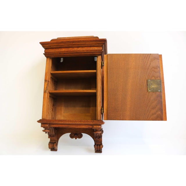 Arts & Crafts Hand-Carved Oak Wall Cabinet with Brass Details, 1900s For Sale - Image 11 of 18