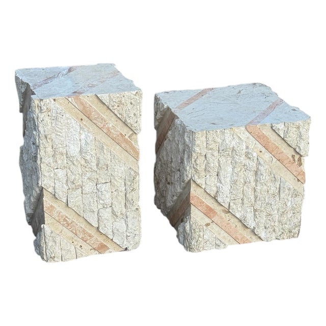 Postmodern Tessellated Pink Marble and Beige Stone Pedestal Set For Sale