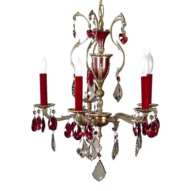 Vintage Spanish Brass Strass Swarovski Crystal 5 Light One of a Kind Chandelier by Nyc Designer Karen Curtis For Sale