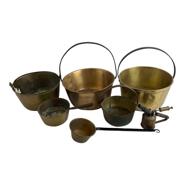Lot of 7 Vintage Brass Pots, Cauldrons, Ladle For Sale