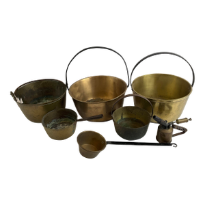 Lot of 7 Vintage Brass Pots, Cauldrons, Ladle
