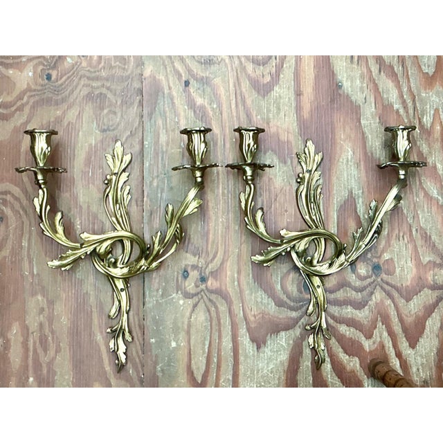 Vintage French Rococo Style Metal Wall Candle Sconces - Pair For Sale In West Palm - Image 6 of 16