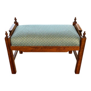 Antique Figured Wood Upholstered Bench With Turned Finials and Blue-Green Diamond Fabric For Sale